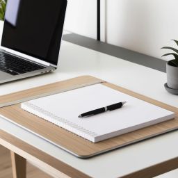 Laptop on a desk with writing pad