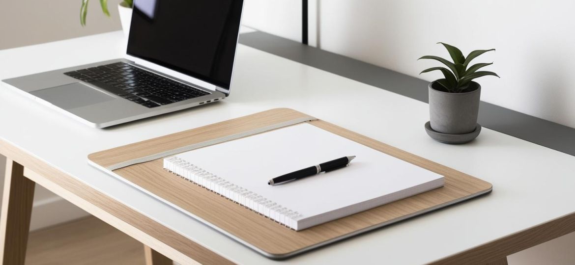 Laptop on a desk with writing pad